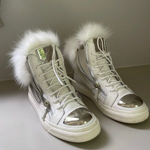 Giuseppe Zanotti special edition women’s high-top leather/fur sneaker.